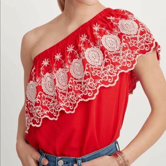 Stella & Dot Tops - Stella & Dot Hannah One Shoulder‎ Top Large Red Embroidered Size Large NWT